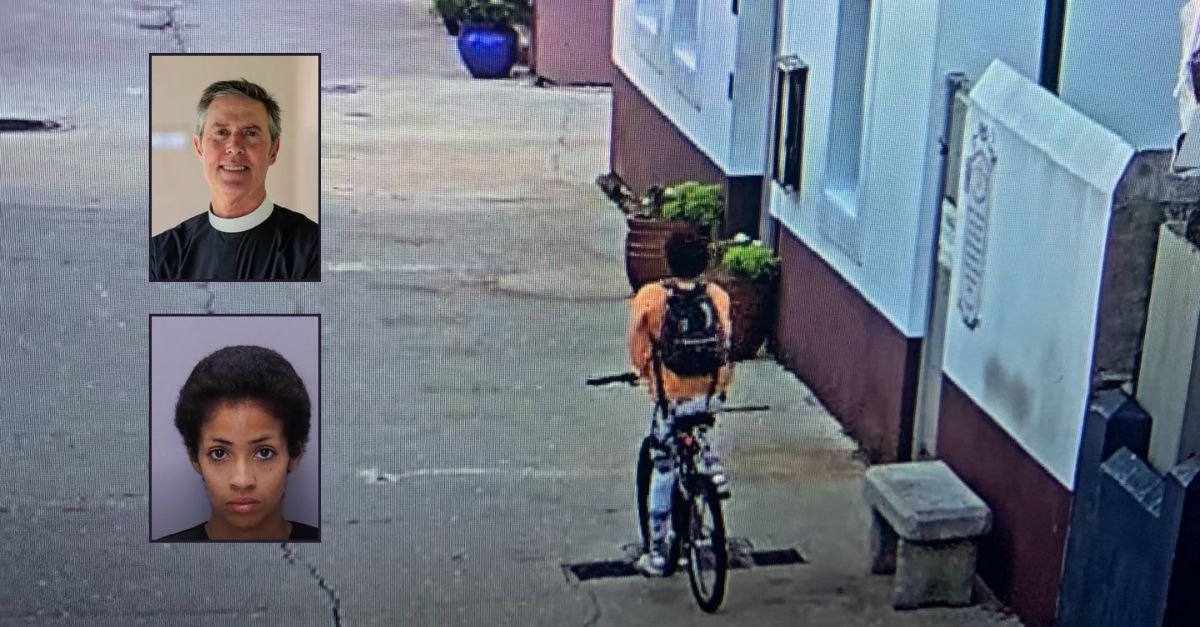 Top inset: Matt Marino (WJXT). Bottom inset: Arieana Gibbs (St. Augustine Police Department). Background: The suspect accused in two random attacks in Florida is seen riding a bicycle, police said (St. Augustine Police Department).