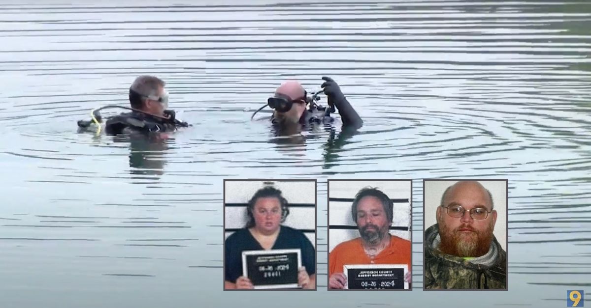 Insets, from left: Breanna Watkins, Matthew Hunt and Richard Newlen (Jefferson County Sheriff). Background: Divers search a lake in Ohio for Newlen (WTOV).