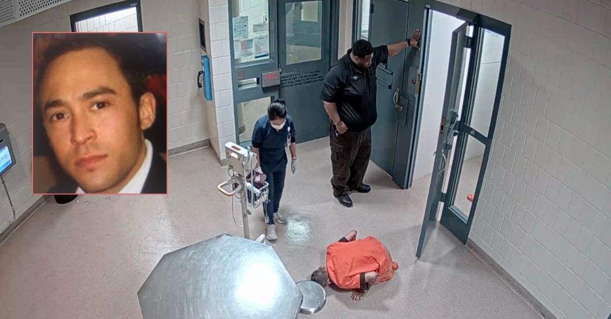 Inset: Lucas Bellamy (Neptune Society). Background: Bellamy is seen in the orange jail jumpsuit in his final hours before dying in custody in Minnesota. (Storms Dworak LLC).