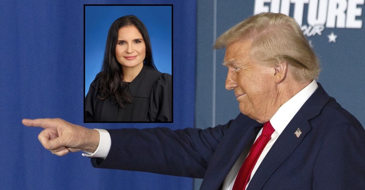 Aileen Cannon appears inset against an image of Donald Trump pointing left.