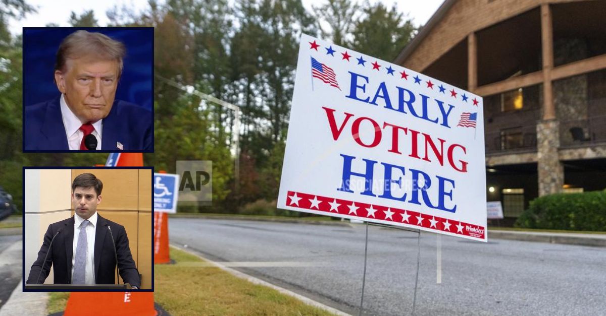 Background: An Early Voting sign is seen outside of a polling station, Thursday, Oct. 31, 2024, in Stockbridge, Ga. (AP Photo/Jason Allen). Inset, top to bottom: Donald Trump (ABC News) and Alex B. Kaufman (WCAT/YouTube).