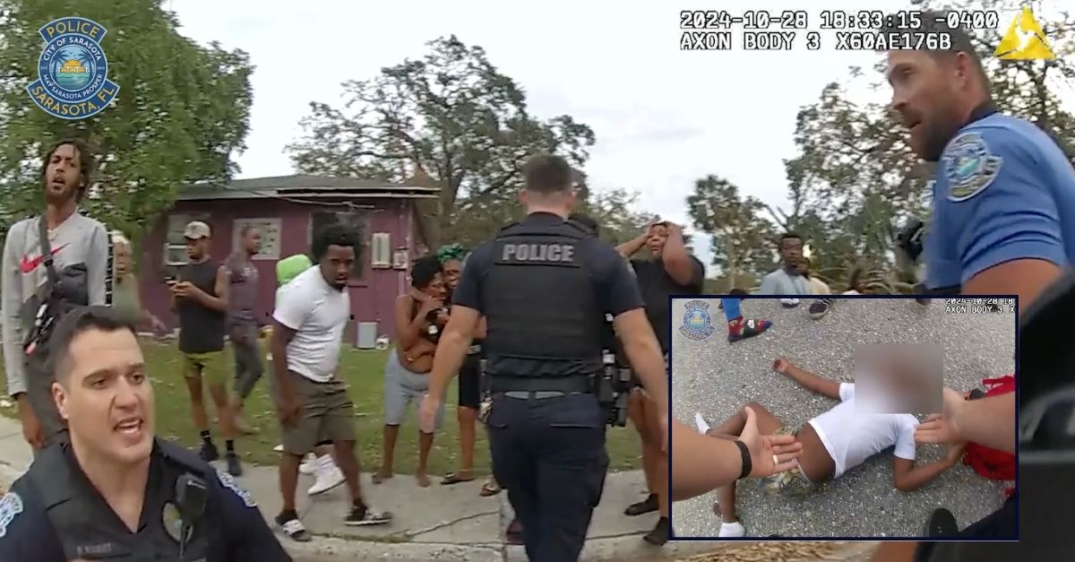 Inset: 8-year-old Gerard Butler (Sarasota (Fla.) Police Department). Background: Family of Gerard Butler react to him being struck by a Sarasota Police officer in a patrol car (Sarasota (Fla.) Police Department).