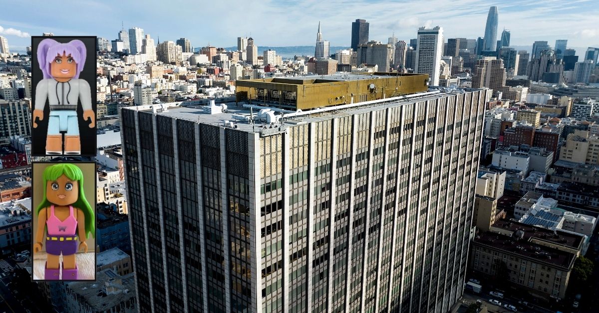 Background: The Phillip Burton Federal Building and U.S. Courthouse is pictured in San Francisco, on Monday, Nov. 13, 2023 (AP Photo/Noah Berger). Inset top: Roblox—Jazwares Avatar Figurine (federal court filing). Inset bottom: My Avastars Toy by WowWee (federal court filing). 