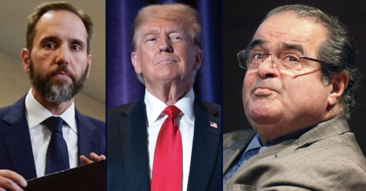 Jack Smith, on the left; Donald Trump, in the center; Antonin Scalia, on the right.