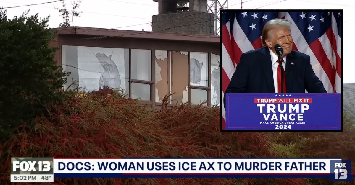 Background: The home where Corey Burke allegedly killed her father (KOMO/X). Inset: Donald Trump giving his election victory speech (NBC/YouTube).