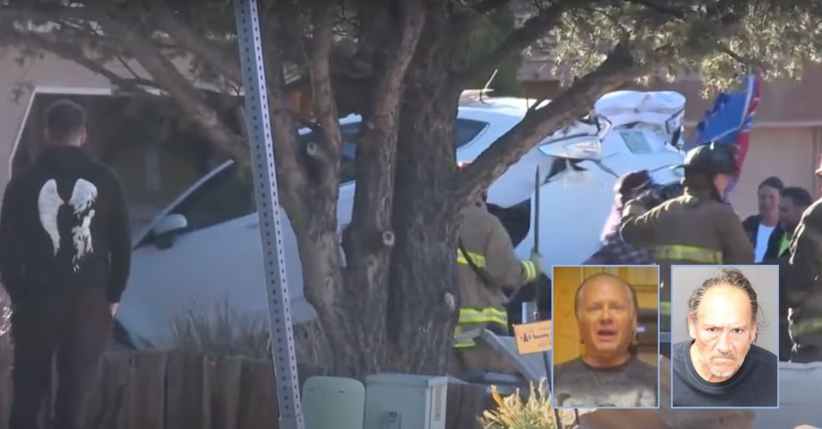 Left inset: Brian Peterson (KOAT). Right inset: Mark Castello (Albuquerque Police Department) Background: The scene of the crash that killed Peterson (KOAT).