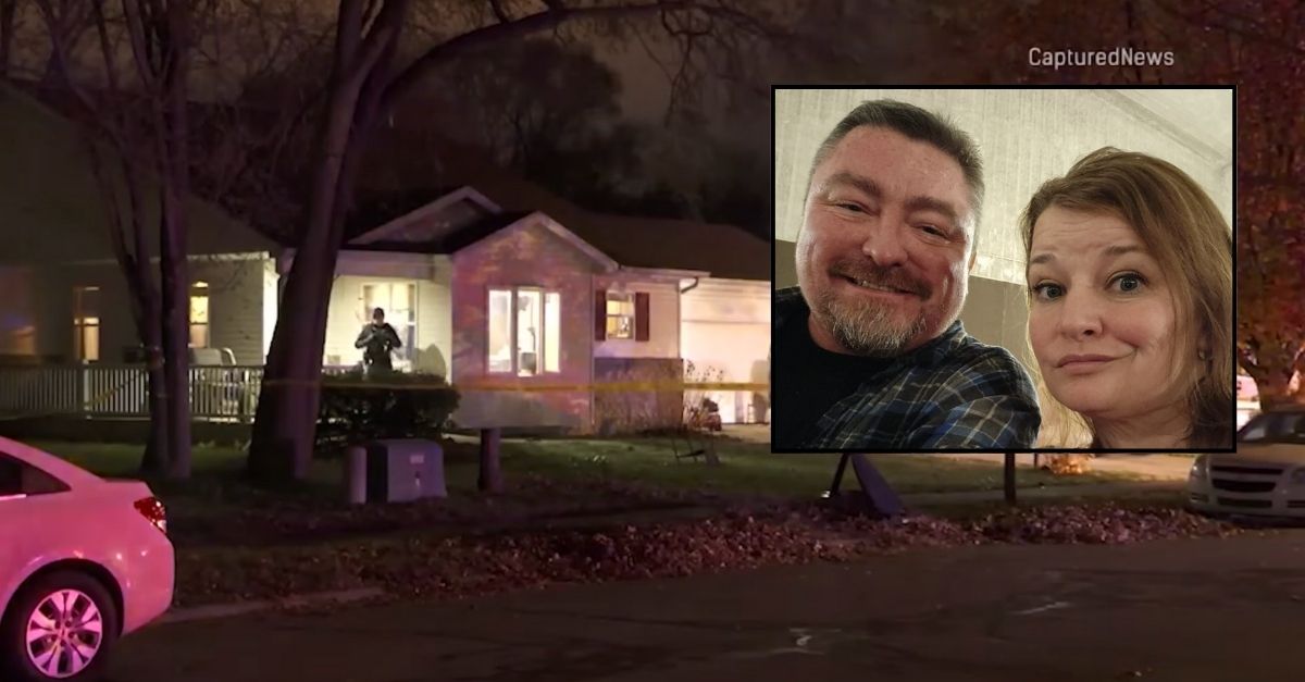 Inset: Brandy Manville and her husband Charles Manville (Facebook). Background: The Manville residence (WGN/YouTube).