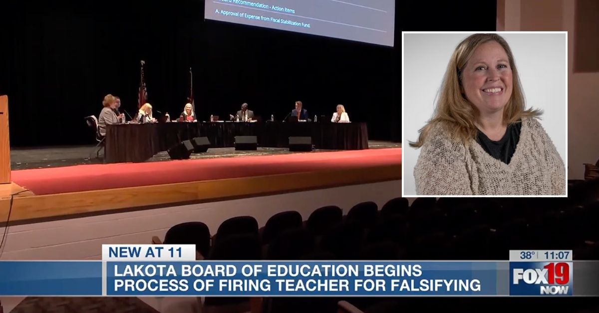 Inset: Ohio teacher Eileen Washburn (Loveland City School District). Background: The Lakota Board of Education that Eileen Washburn is suing (WXIX/YouTube).