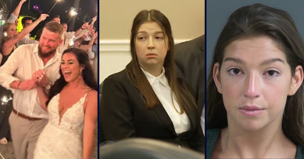 Left: Aric Hutchinson and Samantha Miller, moments after getting married on April 28, 2023 (via GoFundMe). Center: Jamie Lee Komoroski awaiting sentencing after pleading guilty on Dec. 2, 2024 (Law&Crime). Right: Jamie Lee Komoroski (Charleston County (S.C.) Sheriff