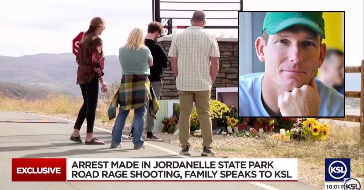 Inset: Road rage shooting victim Patrick Hayes (GoFundMe). Background: Memorial for Patrick Hayes set up at Jordanelle State Park in Utah where he was killed (KSL/YouTube).