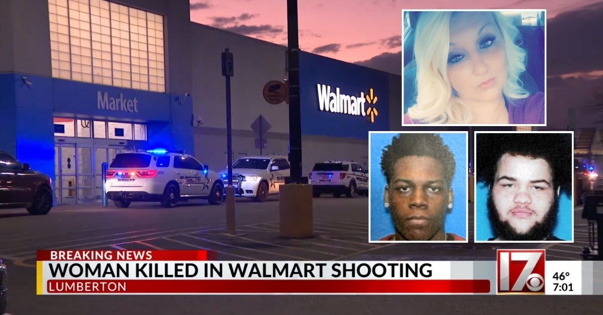 Insets: Shooting victim Nicole Olson and suspects Ezekiel Burden, 17, and Brian Campbell, 18 (Lumberton Police Department). Background: The Walmart where Nicole Olson was shot and killed (WNCN/YouTube).