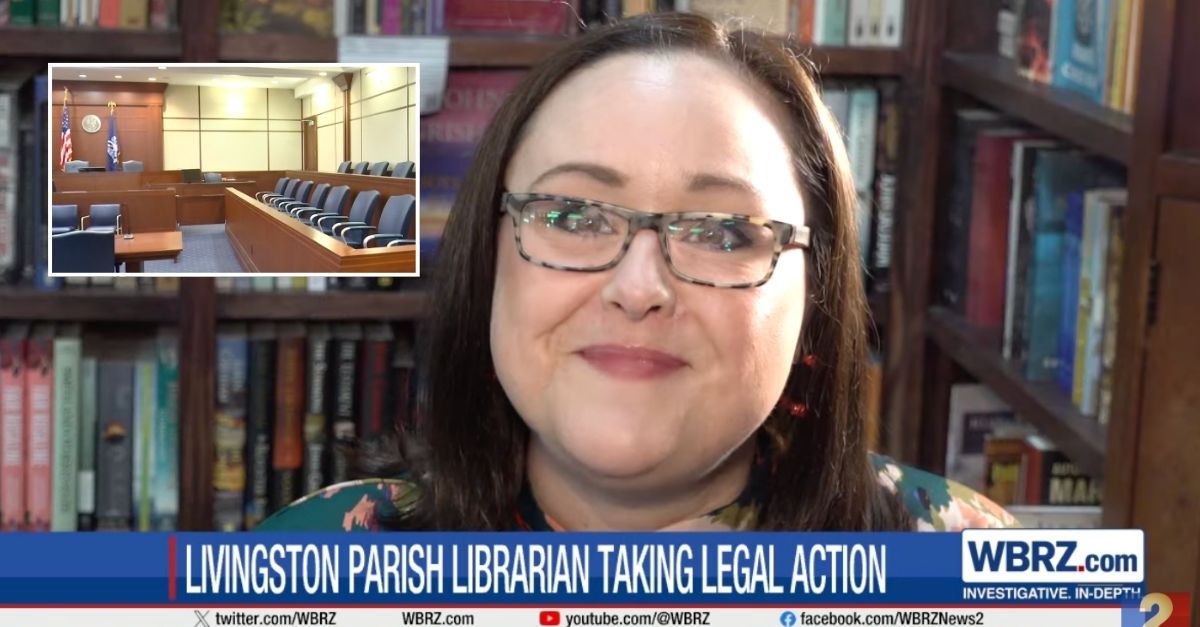 Background: Lousiana librarian Amanda Jones (WBRZ/YouTube). Inset: Courtroom in Louisiana (WBRZ/YouTube). 