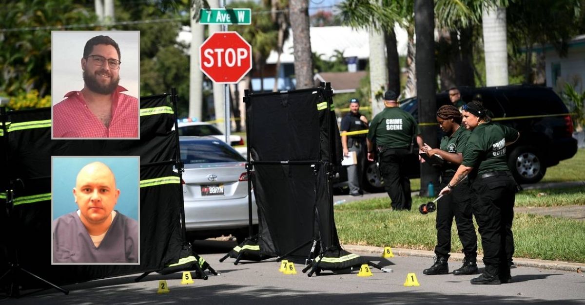 Top inset: Timothy Andricks (Dignity Memorial). Bottom inset: Nicholas Koontz (Florida Department of Corrections). Background: The West Bradenton, Florida, neighborhood where Nicholas Koontz shot and killed Timothy Andricks in 2021 (The Bradenton Herald).