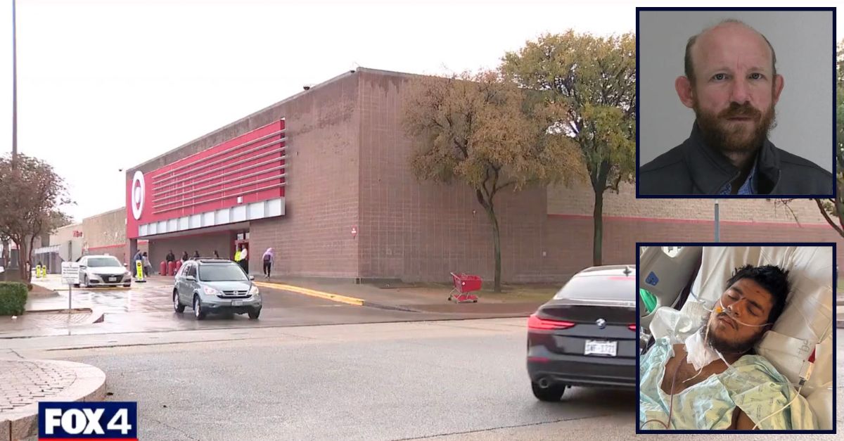 Inset, top to bottom: Robert Weldon Fields (Dallas County Jail) and Angel Perez Luna (GoFundMe). Background: The Target where Fields allegedly Perez Luna in the neck with scissors (KDFW).