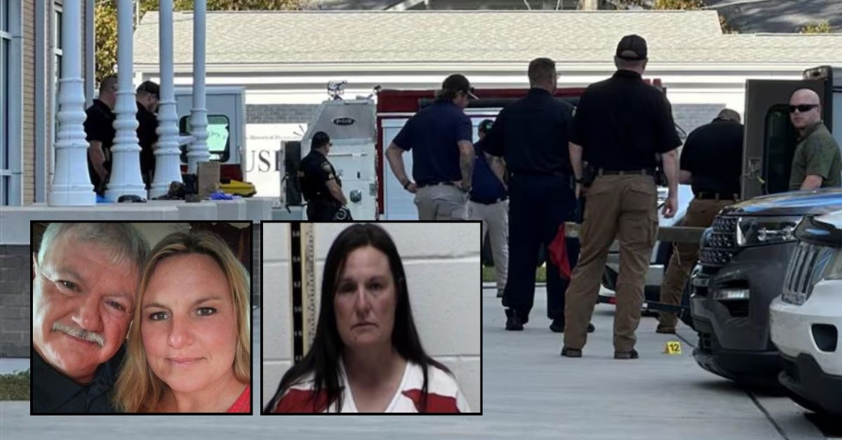 Insets: James Ray Saucier and his estranged wife Tanya Saucier (Facebook/Lenoir Rowell Criminal Justice Center). Background: The courthouse where James Saucier was allegedly killed by Tanya Saucier (WLOX/YouTube).