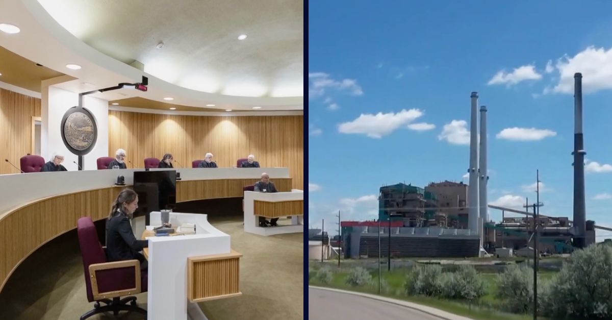 Left: Montana Supreme Court (KGW/YouTube). Right: Fossil fuels factory (KGW/YouTube).