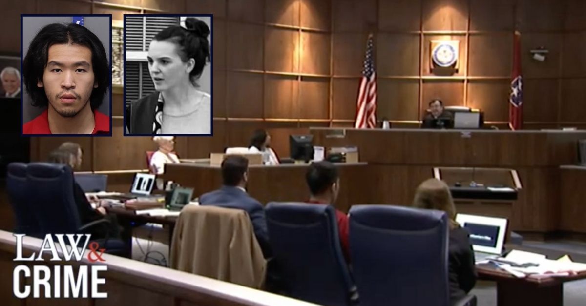 Left to right: Jason Chen and Jasmine Pace are seen inset against an image of Chen during a pre-trial hearing.