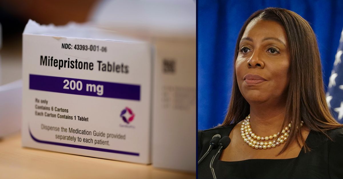 Left: FILE - Mifepristone tablets are seen in a Planned Parenthood clinic Thursday, July 18, 2024, in Ames, Iowa (AP Photo/Charlie Neibergall, File). Right: FILE - New York Attorney General Letitia James speaks during a press briefing, Feb. 16, 2024, in New York (AP Photo/Bebeto Matthews, File). 