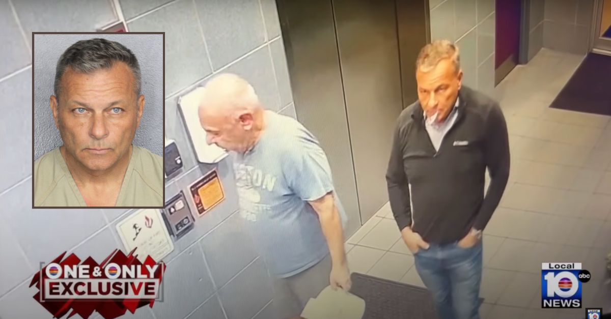 Inset: Nenad Milosevich (Broward Sheriff's Office). Background: Milosevich, right, and Anthony D'Amore, left, seen in surveillance video before Milosevich allegedly killed D'Amore (WPLG).