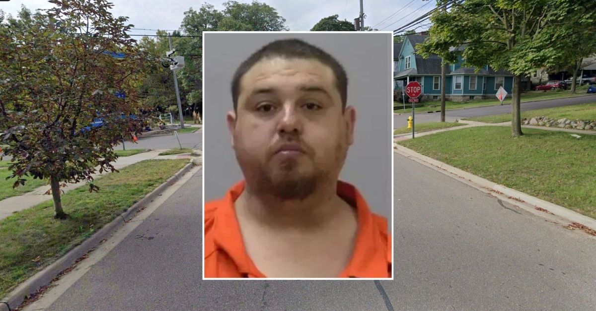 Inset: Jose Roldan Jr. (Kalamazoo County Jail). Background: The street where Roldan lived when he killed his 6-month-old daughter (Google Maps).