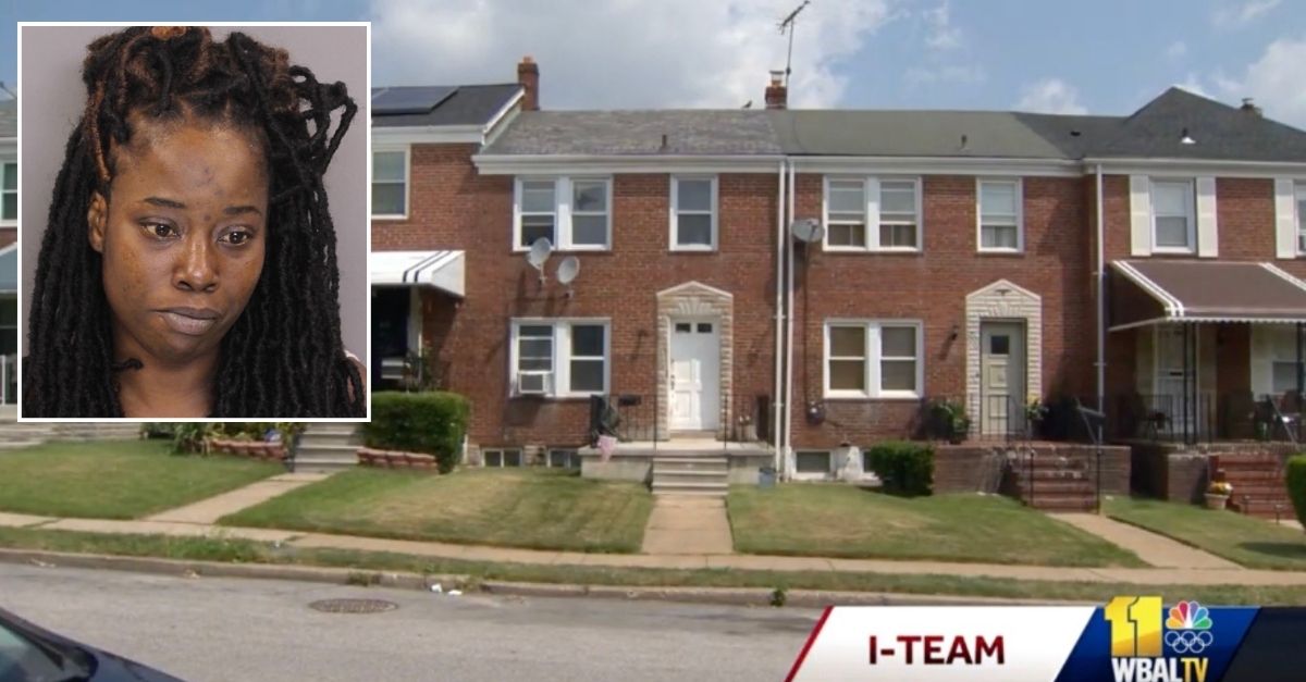 Inset: Nicole M. Johnson (BCPD). Background: The home where Johnson and the kids once lived (WBAL).