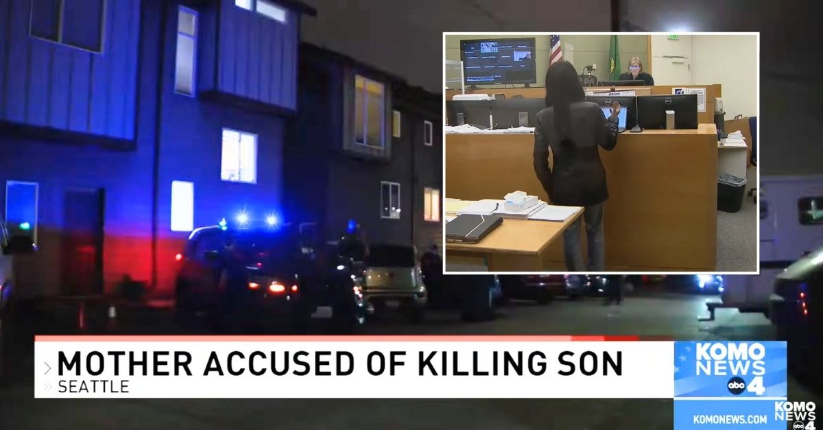 Background: The apartment building where police say a Seattle mom beat her son to death for not finishing his chores (KOMO/YouTube). Inset: Public defender Zelena Jones arguing for the release of the Seattle mom who allegedly beat her son to death over not finishing his chores (KOMO/YouTube).