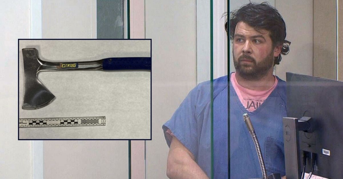 Background: Joseph Chastain (KATU). Inset: The hatchet used in the attack (Portland Police Bureau).