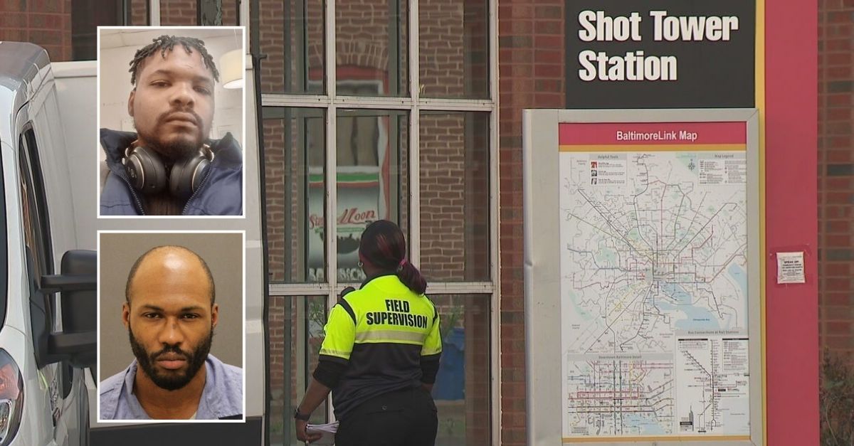 Top inset: Christopher Foster (WBFF). Bottom inset: Joseph White (Baltimore Police Department). Background: The subway station where Foster was killed (WBFF).