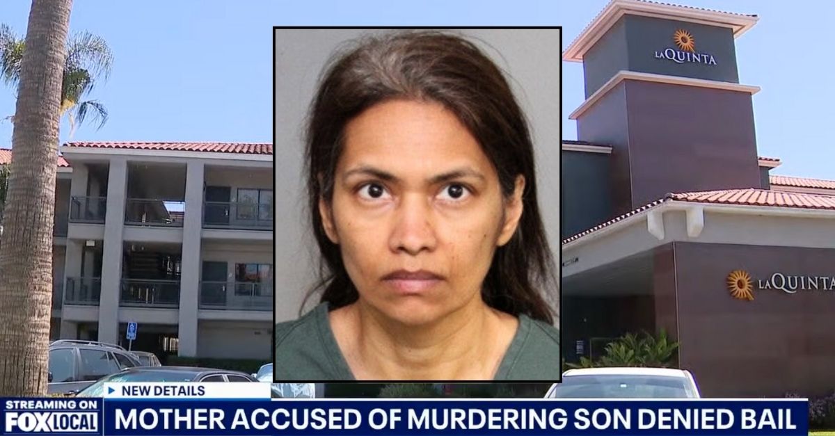 Inset: Saritha Ramaraju (Santa Ana Police). Background: The La Quinta Inn & Suites in the 2700 block of Hotel Terrace in Santa Ana, Calif., where Saritha Ramaraju allegedly killed her son (KTTV/YouTube).