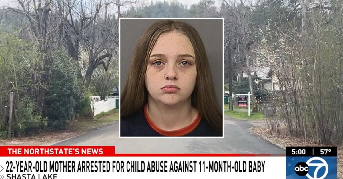 Inset: Aleesha Ann Allen (Shasta County Jail). Background: The area in Shasta County where Allen allegedly beat her infant son (KRCR).