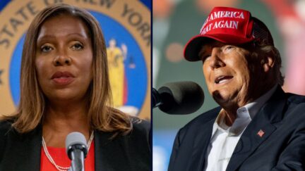 Left: New York Attorney General Letitia James speaks during a press conference regarding former US President Donald Trump and his family's financial fraud case on September 21, 2022 in New York (photo by YUKI IWAMURA/AFP via Getty Images). Right: Donald Trump speaks at a 'Save America' rally on October 22, 2022 in Robstown, Texas (photo by Brandon Bell/Getty Images).