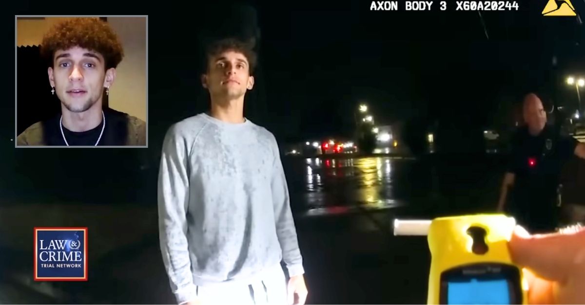 Background: Tayvin Galanakis is seen on bodycam footage during his Aug. 28, 2022 arrest (Law&Crime). Inset: Galanakis speaks with Law&Crime about his arrest and lawsuit (Law&Crime).