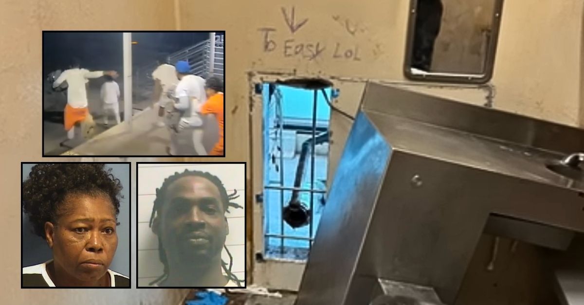 Inset top: Inmates escaping from the Orleans Justice Center in New Orleans, La., on May 16, 2025 (Law&Crime Network). Inset bottom left: Connie Weeden (Louisiana State Police). Inset bottom right: Jermaine Donald (Orleans Parish Sheriff