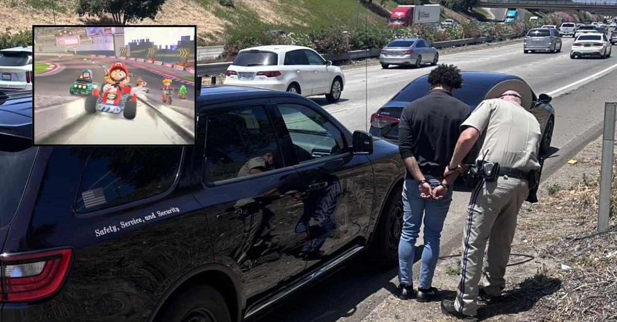 Background: A California Highway Patrol officer arrests a driver for allegedly speeding on the highway (CHP Modesto). Inset: Mario Kart World (YouTube/Nintendo of America).
