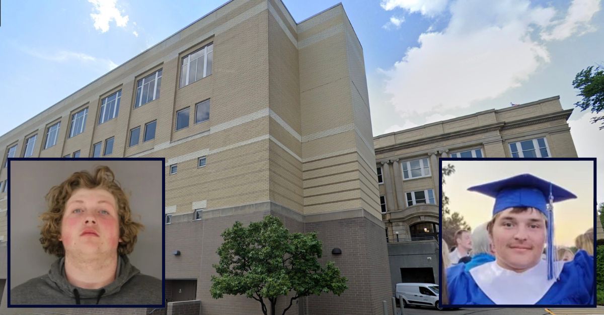 Inset, left to right: Izak Schermerhorn (OTCDF) and Blake Unger (GoFundMe). Background: Otter Tail County Detention Facility (Google Maps).