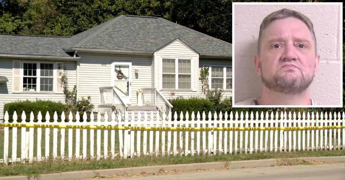 Inset: Neil Howard (MCSAO). Background: The house where Howard killed his mother with a bungee cord in 2023 (KSKD).
