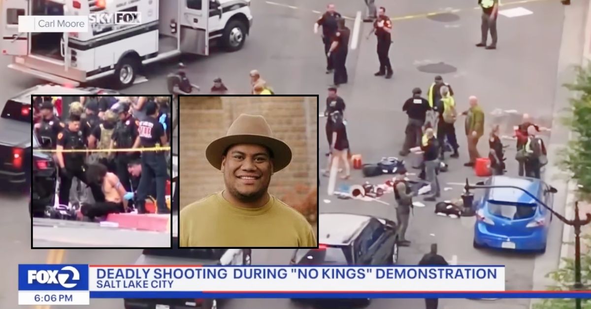 Left inset: Suspect Arturo Gamboa in custody (KTVU/YouTube). Right inset: Arthur Folasa Ah Loo (GoFundMe). Background: The area where Arthur Folasa Ah Loo was shot during a "No Kings" protest in Salt Lake City, Utah, on Saturday, June 14, 2025 (KTVU/YouTube).