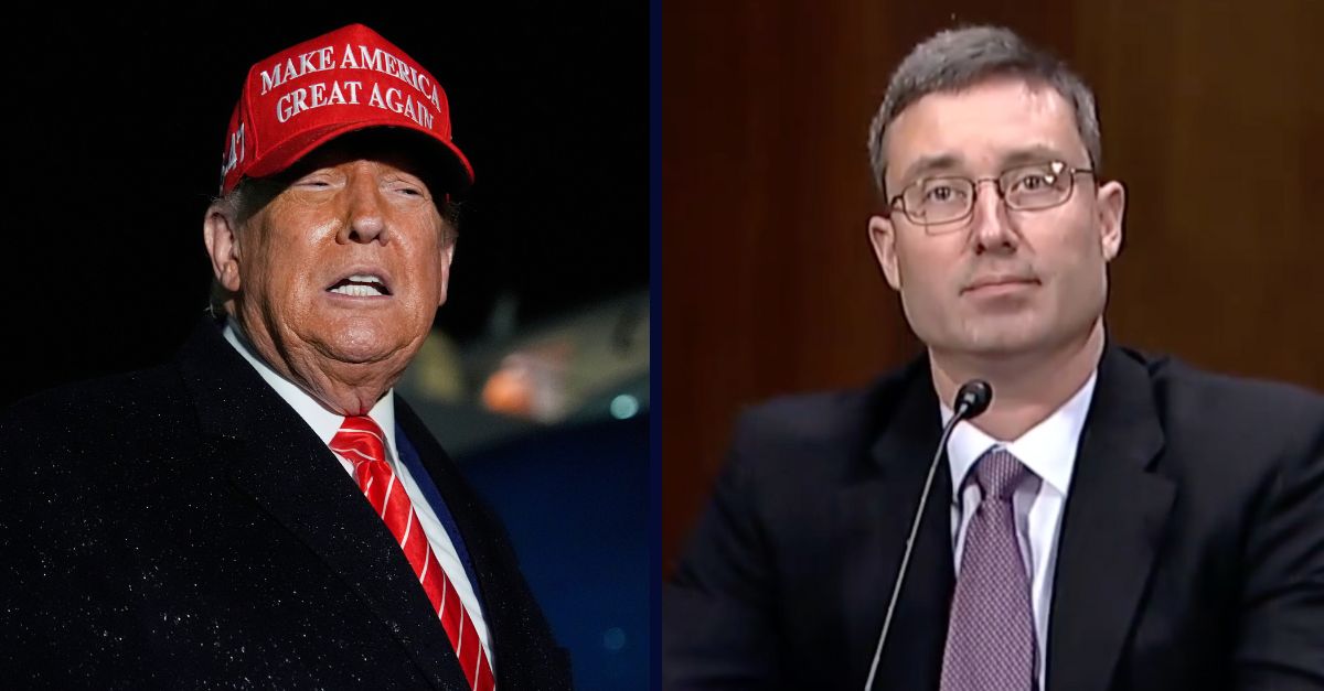 Left: President Donald Trump speaks to reporters in the rain after arriving on Air Force One at Joint Base Andrews, Md., Friday, May 30, 2025 (AP Photo/Julia Demaree Nikhinson). Right: U.S. District Judge Brian Murphy of the District of Massachusetts in April, 2024 (Instagram/Senate Judiciary Democrats)