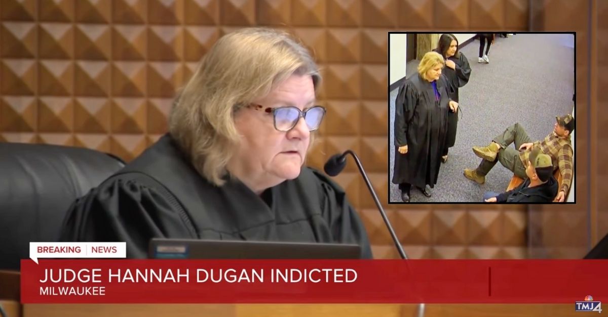 Background: Milwaukee County Judge Hannah Dugan in court (WTMJ/YouTube). Inset: Surveillance video shows Milwaukee County Judge Hannah Dugan speaking with ICE agents before Eduardo Flores-Ruiz