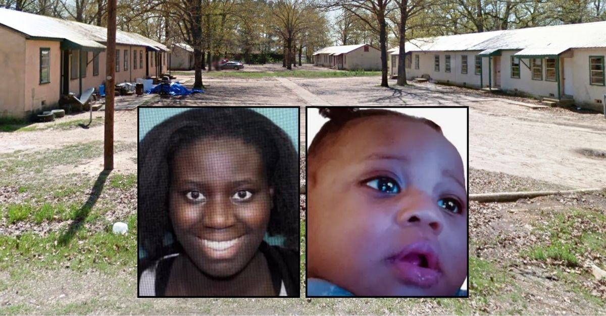 Left inset: Jatoria Cleamons (Hooks Police Department). Right inset: Courtlyn Cleamons (Bates Family Funeral Home). Background: The area near 100 Kennedy Circle in Hooks, Texas, where Courtlyn Cleamons died (Google Maps).