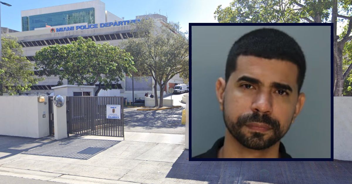 Inset: Miami Police Officer Zamir Vargas Valerio (Turner Guilford Knight Correctional Center). Background: City of Miami Police Department (Google Maps).