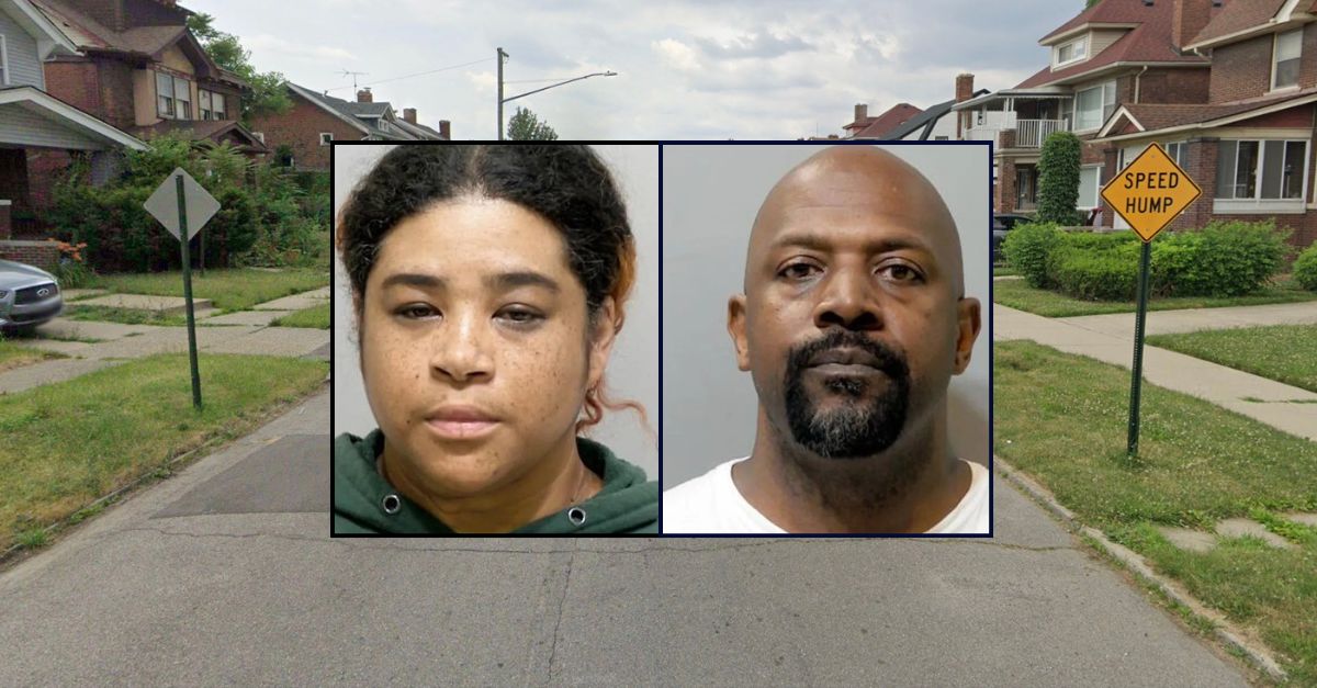 Inset, left to right: Sampaguita L. Jones and Sherman Jones (Detroit Police Department). Background: The Detroit street where the Joneses lived with the victim before his death last year (Google Maps).