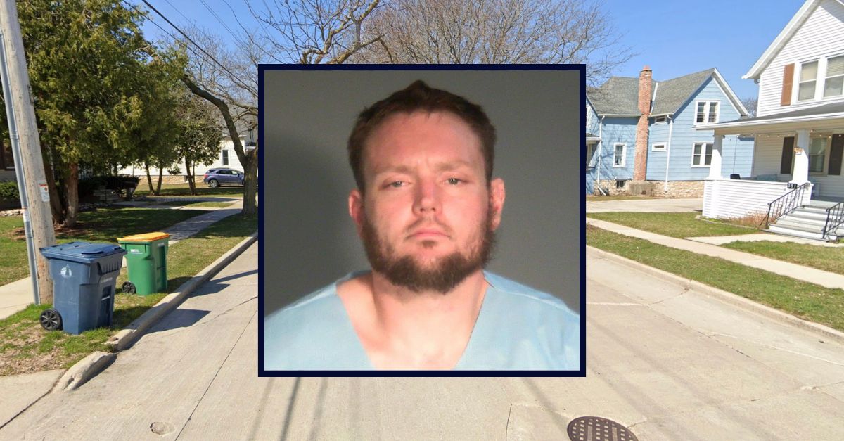 Inset: Hayden Daffinson (Fond du Lac County Jail). The block where Daffinson attacked his ex-girlfriend with an axe over the weekend (Google Maps).