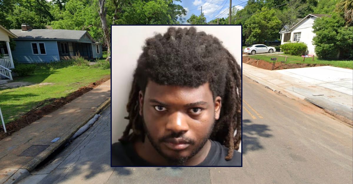 Inset: Deric Young (Leon County Jail). Background: The street in Tallahassee, Florida where Young allegedly beat a 1-year-old girl to death (Google Maps).