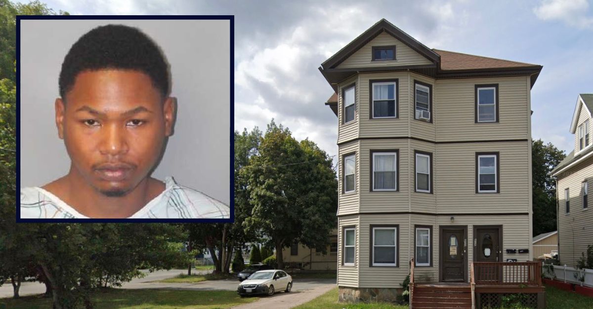 Inset: Shaun Holiday (Brockton Police Dept.). Background: The apartment building where Holiday shot his pregnant girlfriend in the head (Google Maps).