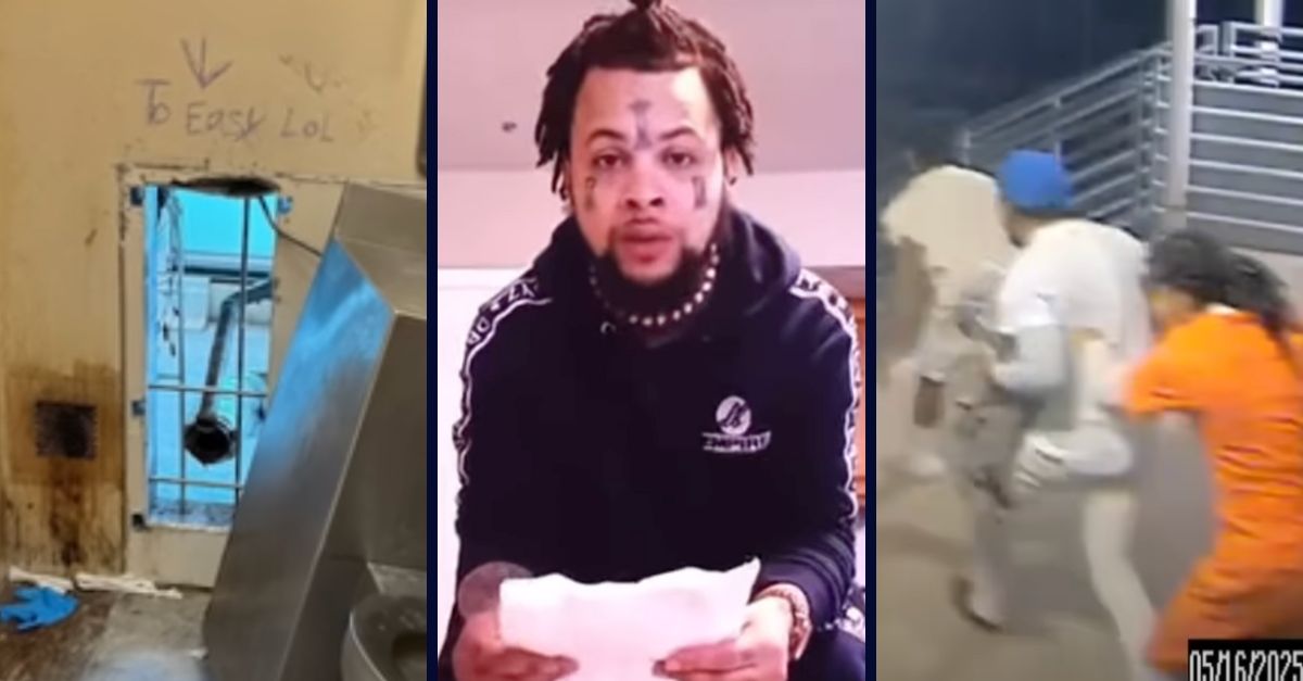 Left: The hole inside Orleans Justice Center where 11 inmates allegedly escaped in New Orleans, La., on May 16, 2025 (Law&Crime Network). Center: Antoine Massey purportedly speaking in an Instagram video about his criminal case and alleged escape from the Orleans Justice Center in New Orleans, La., last month (Instagram). Right: Inmates escaping from the Orleans Justice Center in New Orleans, La., on May 16, 2025 (Law&Crime Network).