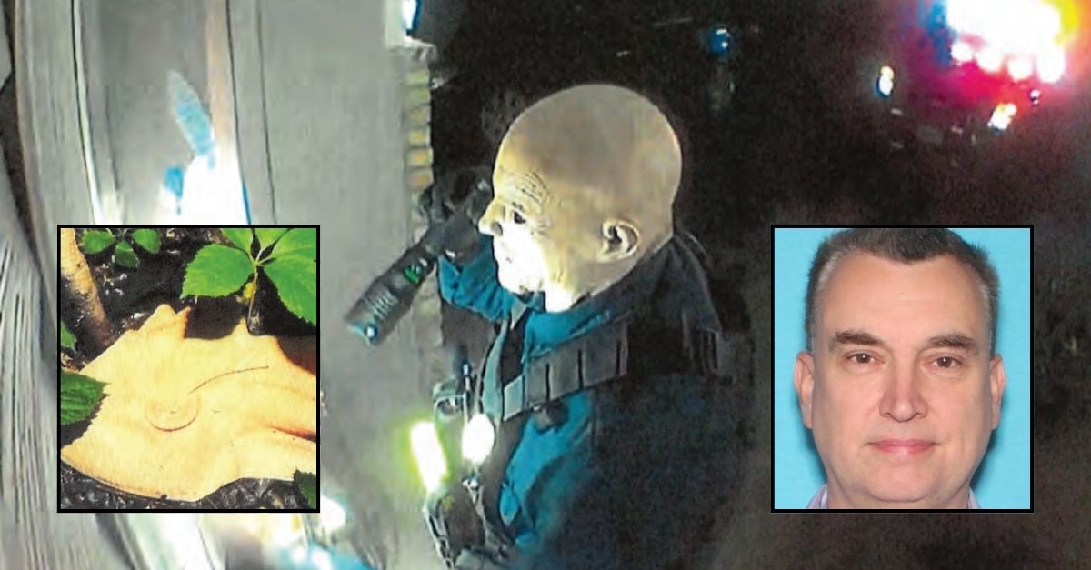 Background: Security footage allegedly shows Vance Boelter in a latex rubber mask outside the home of Sen. John Hoffman "immediately prior" to shooting him, prosecutors say (DOJ). Left inset: The mask that Vance Boelter allegedly wore during his coordinated shooting attacks, which was found by law enforcement inside an SUV he was allegedly driving (DOJ). Right inset: Vance Boelter (Minnesota Department of Public Safety).