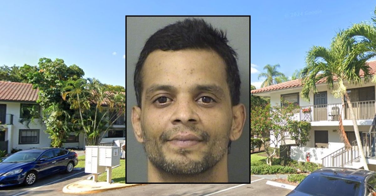Inset: William Millan (Palm Beach County Jail). Background: The apartment complex in Boca Raton, Fla., where William Millan allegedly choked his wife (Google Maps).