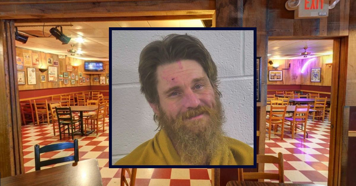 Inset: Jonathan Mason (Murray Police Department). Background: The Big Apple Grill and Bar where Mason allegedly loosed a raccoon (Google Maps).