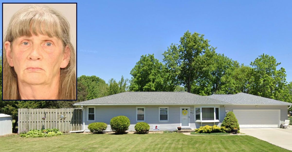 Inset: Kimberly Charlton (Black Hawk County Jail). Background: The home where Charlton allegedly shot and killed her husband (Google Maps).